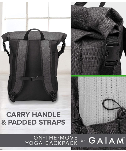 Gaiam Yoga Mat Bag Backpack, On-The-Move Roll Top Travel Carrier Daypack, Messenger Rucksack, Multiple Pockets, Laptop Divider, Padded Shoulder  Straps, Large Capacity